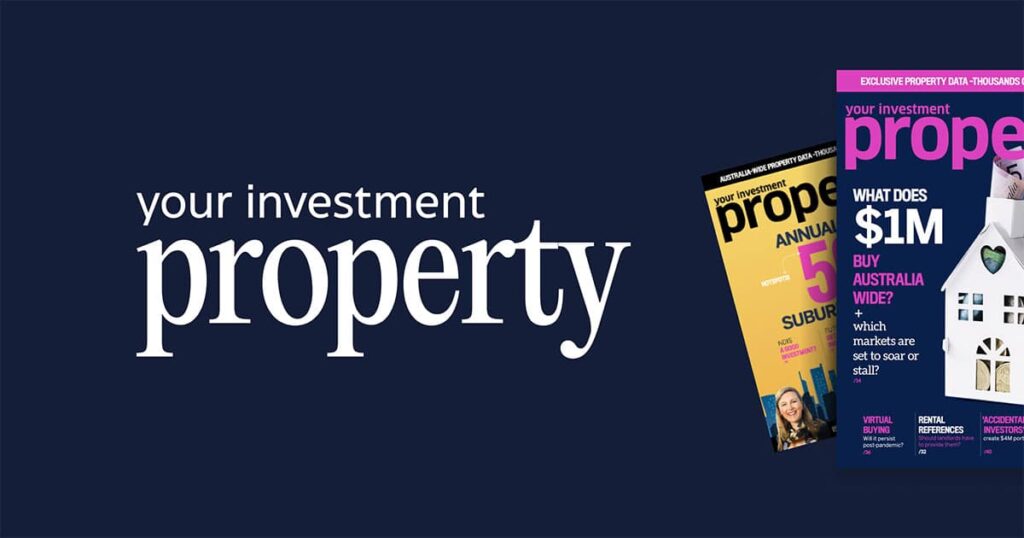 Property investment guide with magazine covers and a house illustration.