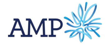 Amp logo with a blue and white stylized floral design.