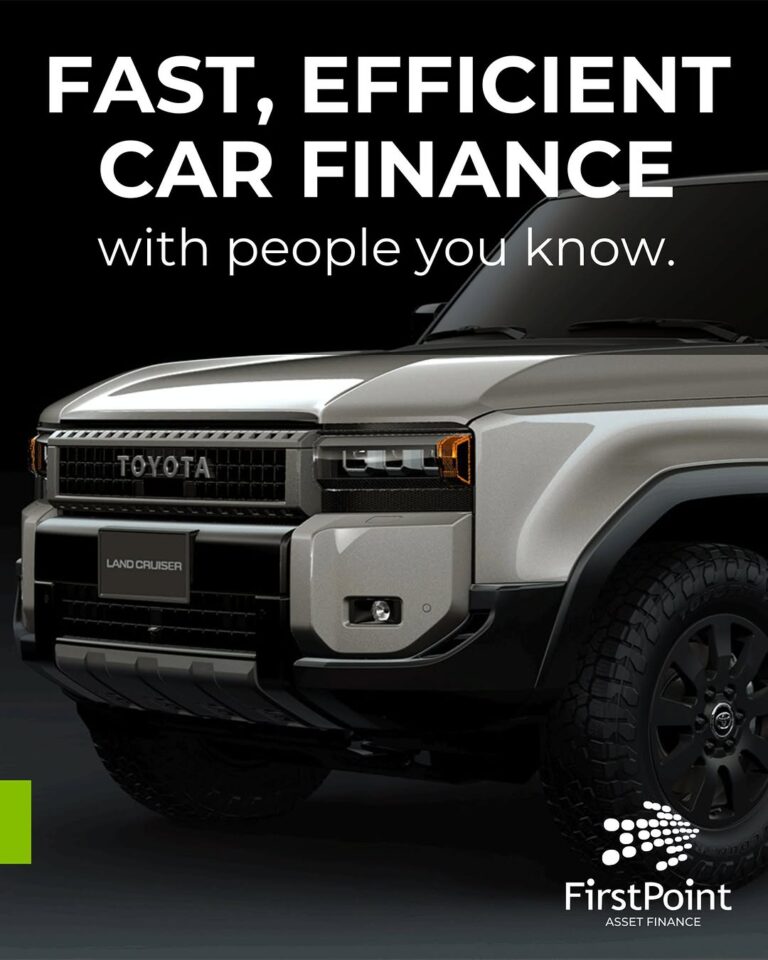 Silver Toyota Land Cruiser with text overlay promoting car finance solutions.