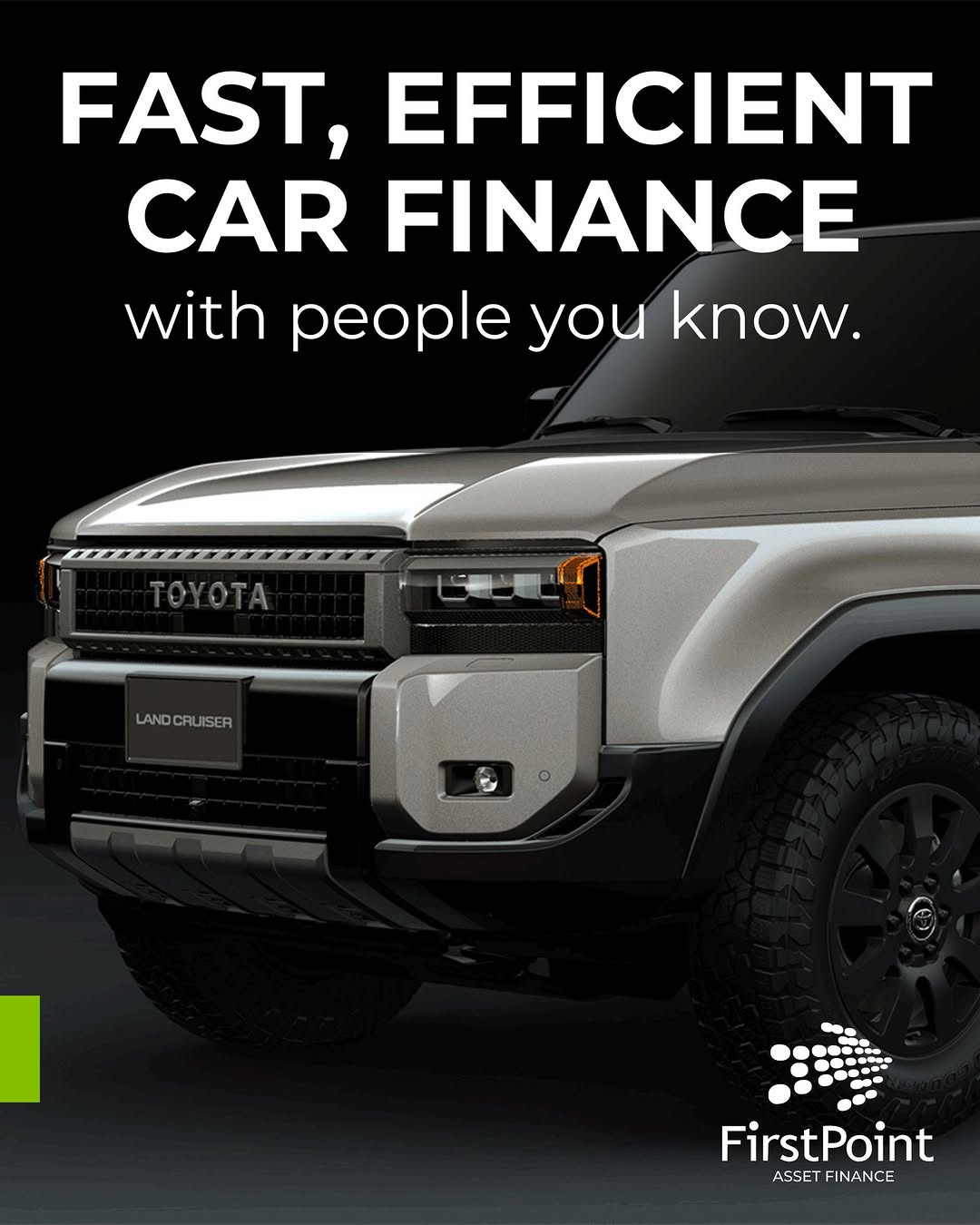 Silver Toyota Land Cruiser with fast, efficient car finance text overlay.