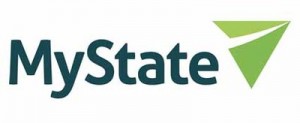 MyState logo, green and blue triangular design.