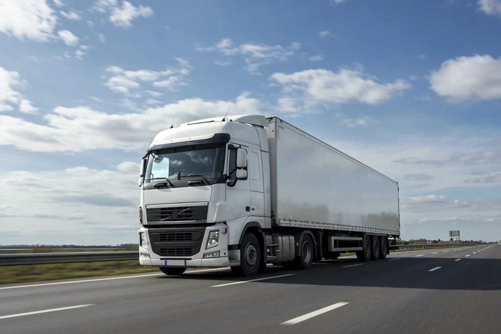 White semi-truck driving on a highway under a blue sky, representing asset finance for transport