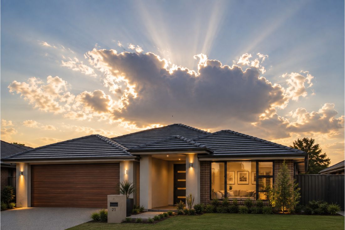 Modern single‑story brick home at sunset, with a manicured front lawn, large windows, and warm golden light streaming through dramatic clouds.